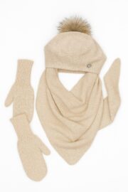 Комплект: берет с меховым помпоном, варежки и тёплый вязаный бактус (треугольный шарф) — изображение 3